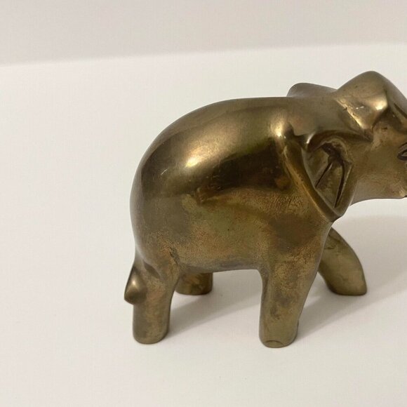 Vintage Brass Elephant Figure 3.5 Inch Long Trunk Up Figurine - Picture 5 of 16